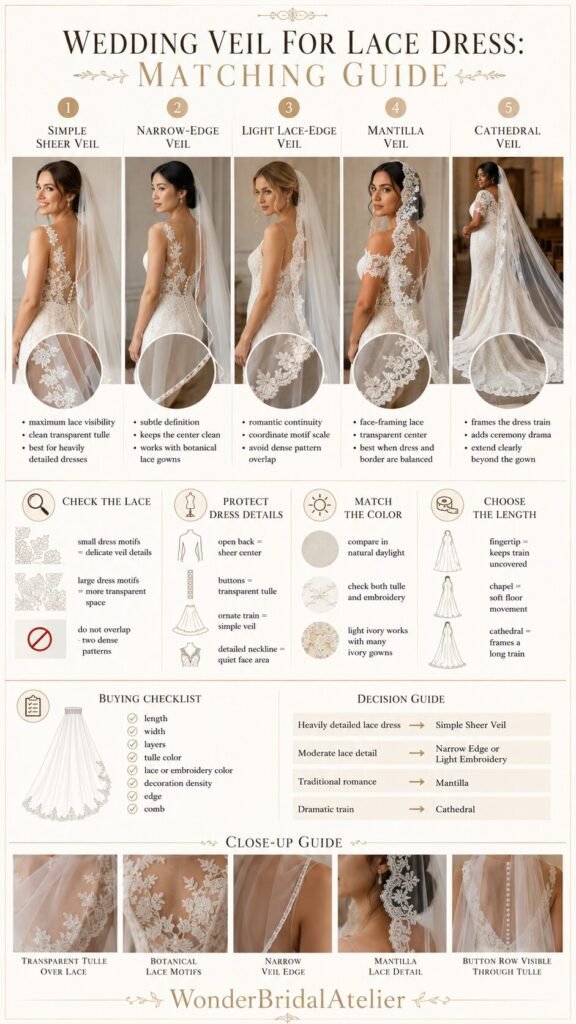 Wedding veil for lace dress guide comparing sheer cathedral mantilla and lace-edge veil styles