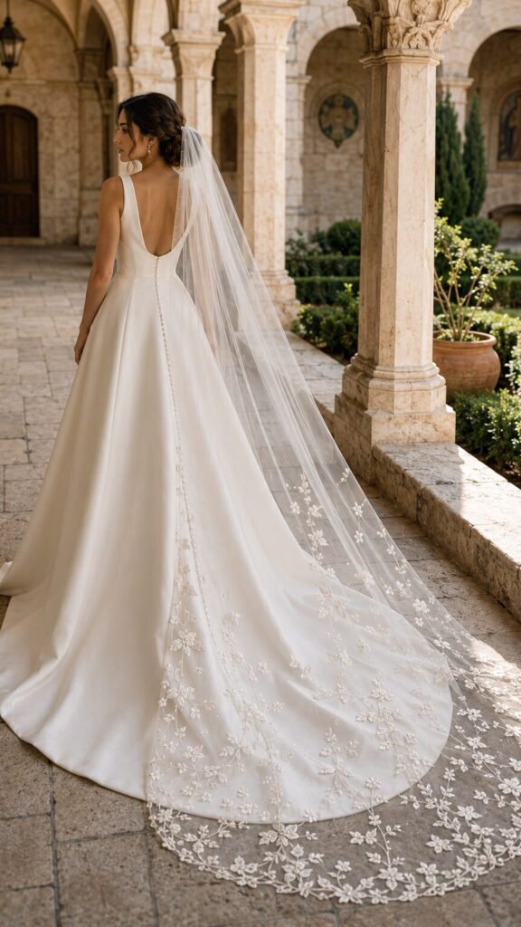 Bride wearing a transparent embroidered chapel wedding veil with an ivory A-line wedding dress