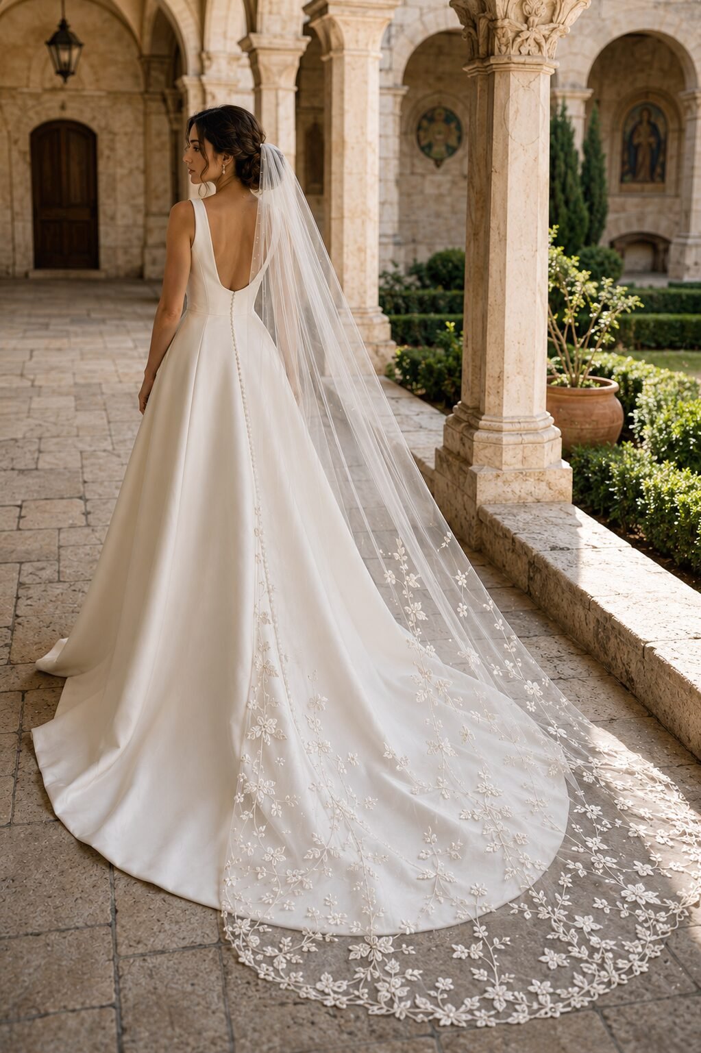 Bride wearing a transparent embroidered chapel wedding veil with an ivory A-line wedding dress