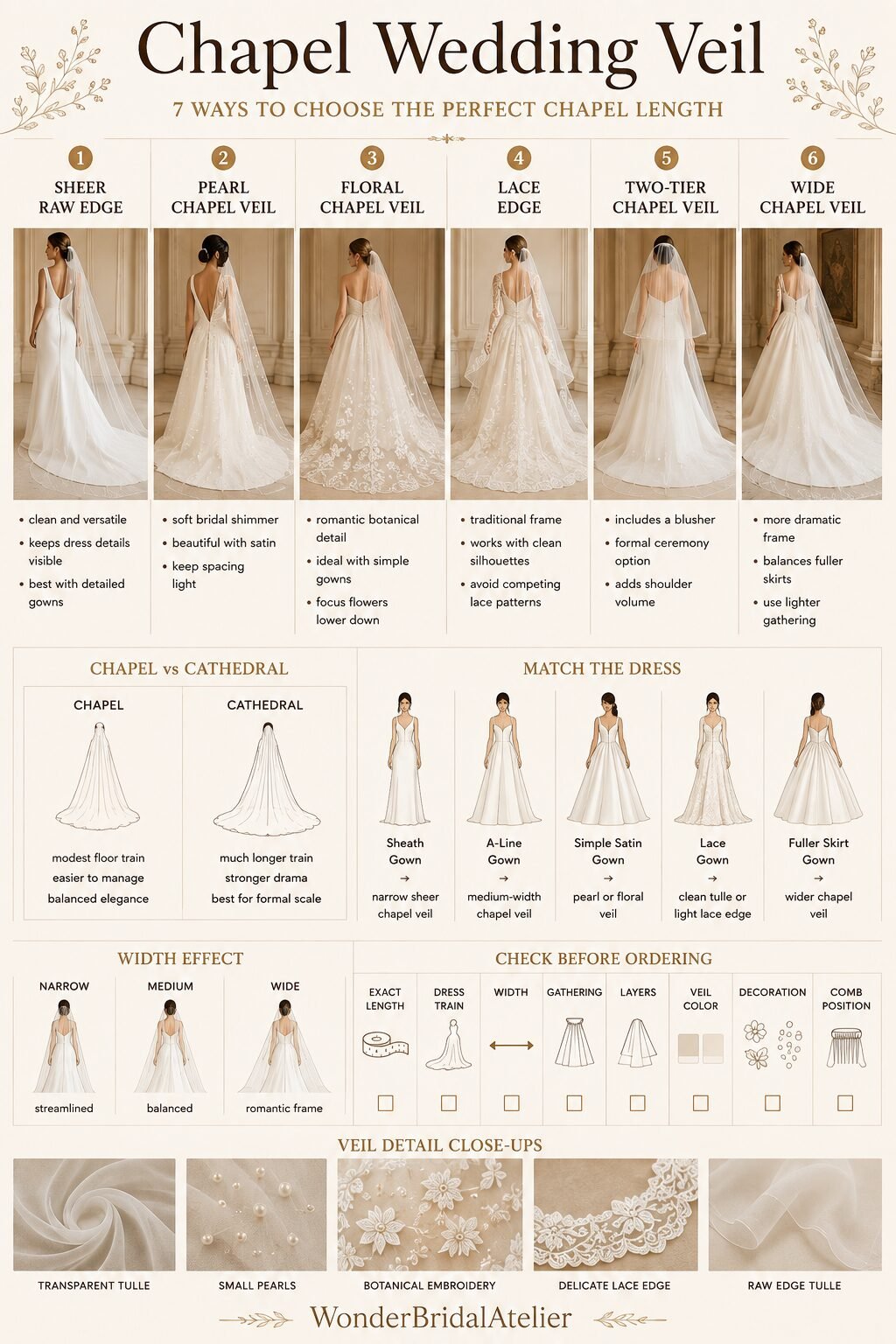 Chapel wedding veil guide comparing sheer pearl floral lace two-tier and wide chapel veil styles