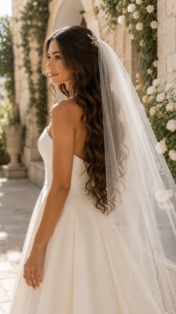 Bride wearing a wedding veil with long loose Hollywood waves