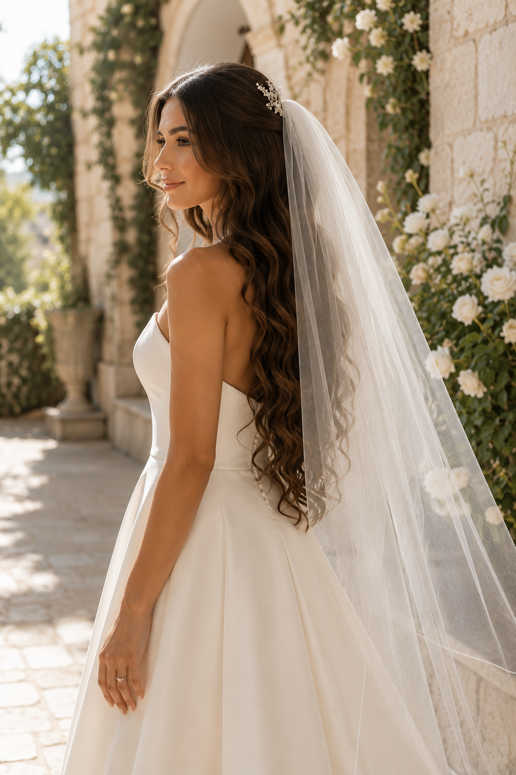 Bride wearing a wedding veil with long loose Hollywood waves