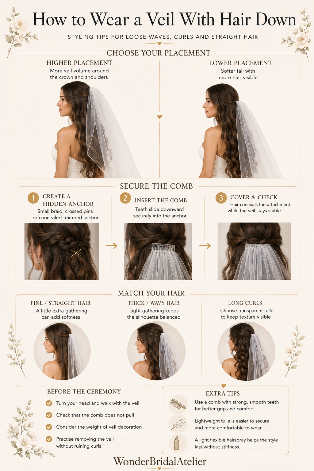 How to wear a wedding veil with hair down showing comb placement and secure attachment