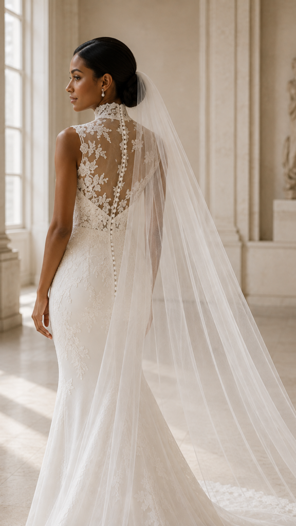 Bride wearing a sheer cathedral wedding veil with a high neck lace wedding dress