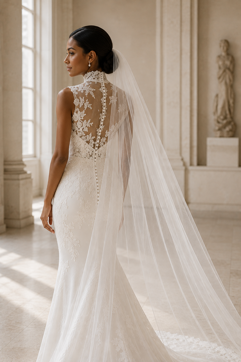 Bride wearing a sheer cathedral wedding veil with a high neck lace wedding dress