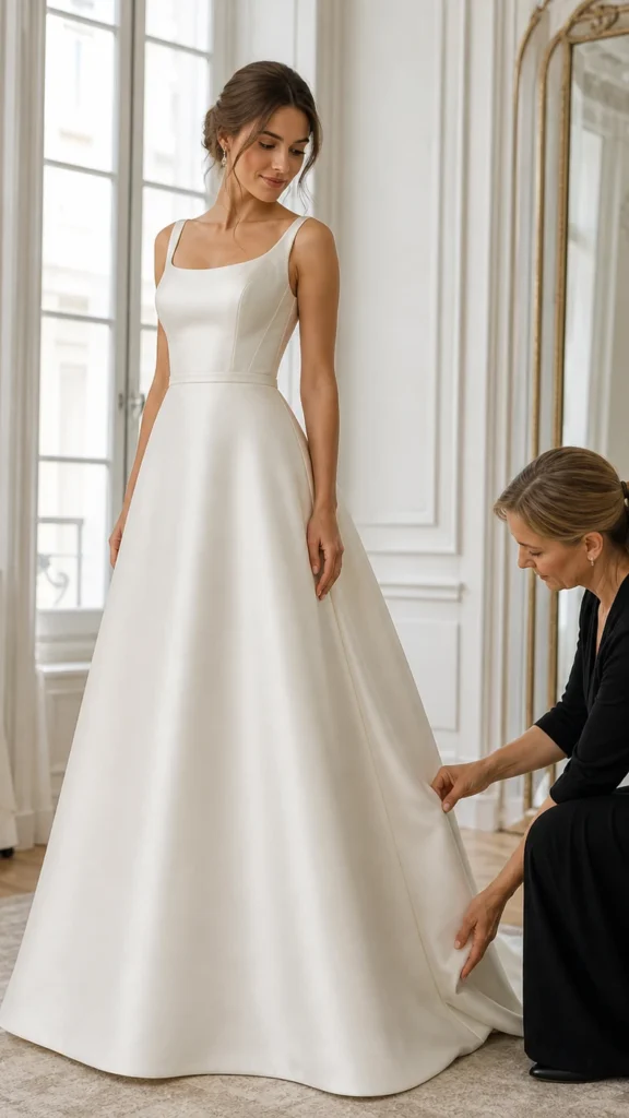 Smooth wedding dress silhouette with a hidden hoop petticoat underneath