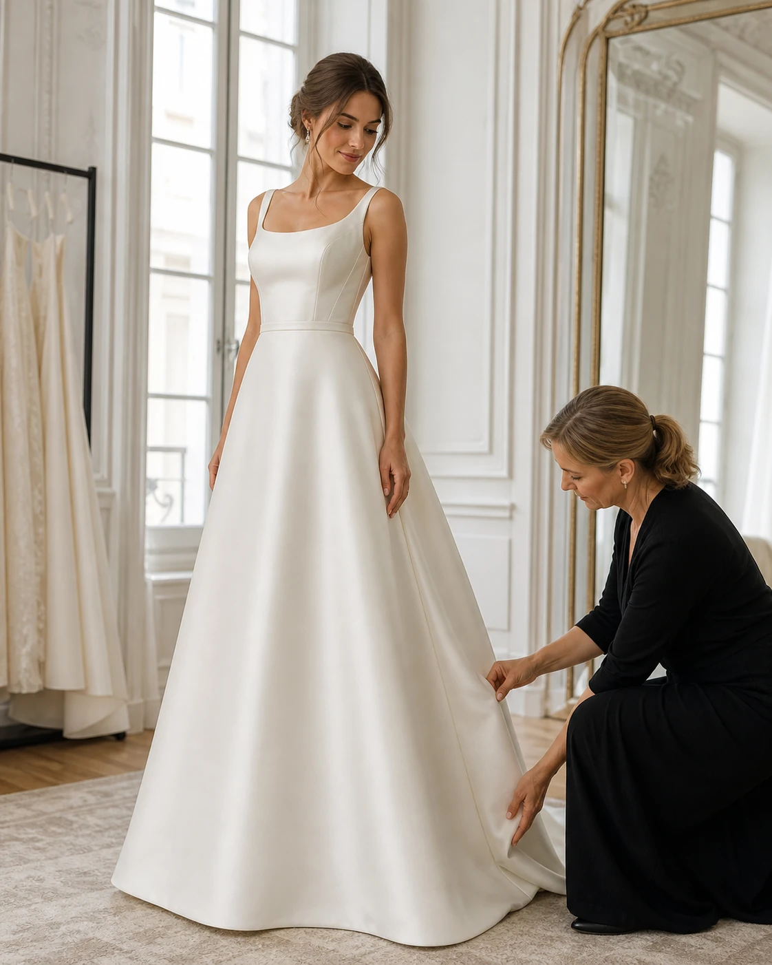 Smooth wedding dress silhouette with a hidden hoop petticoat underneath