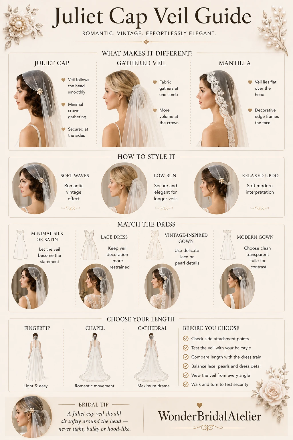 Juliet cap veil guide comparing placement, hairstyles, wedding dresses and veil lengths