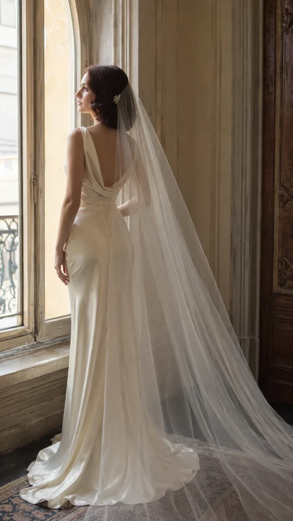 Bride wearing a romantic Juliet cap veil with pearl side pins and a minimalist wedding dress