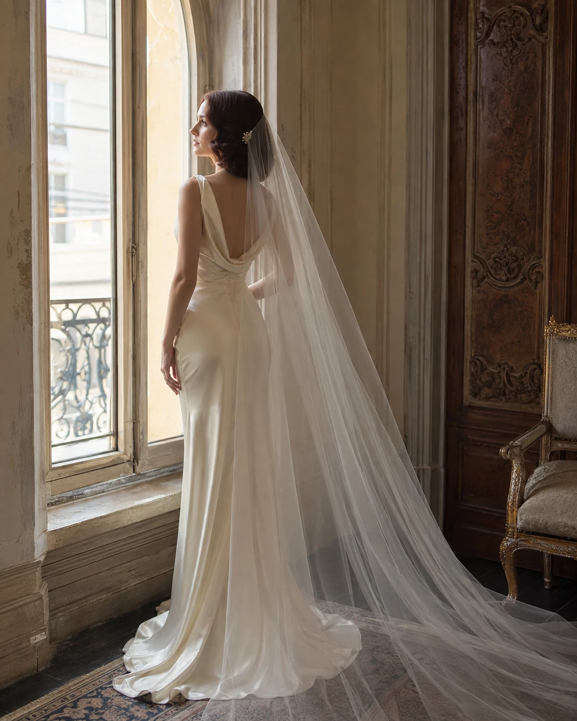 Bride wearing a romantic Juliet cap veil with pearl side pins and a minimalist wedding dress