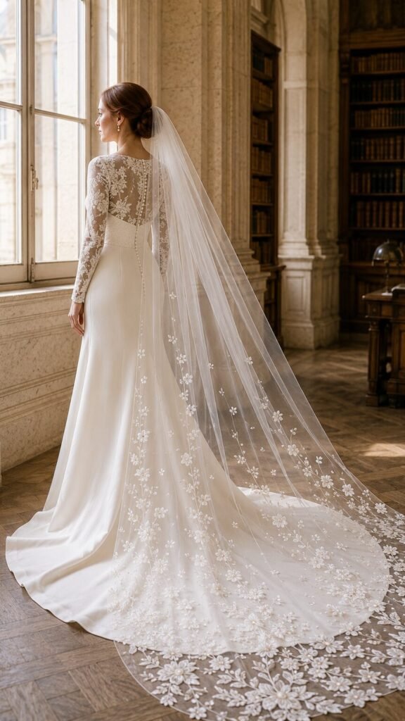 Bride wearing a transparent cathedral wedding veil with a long sleeve lace wedding dress