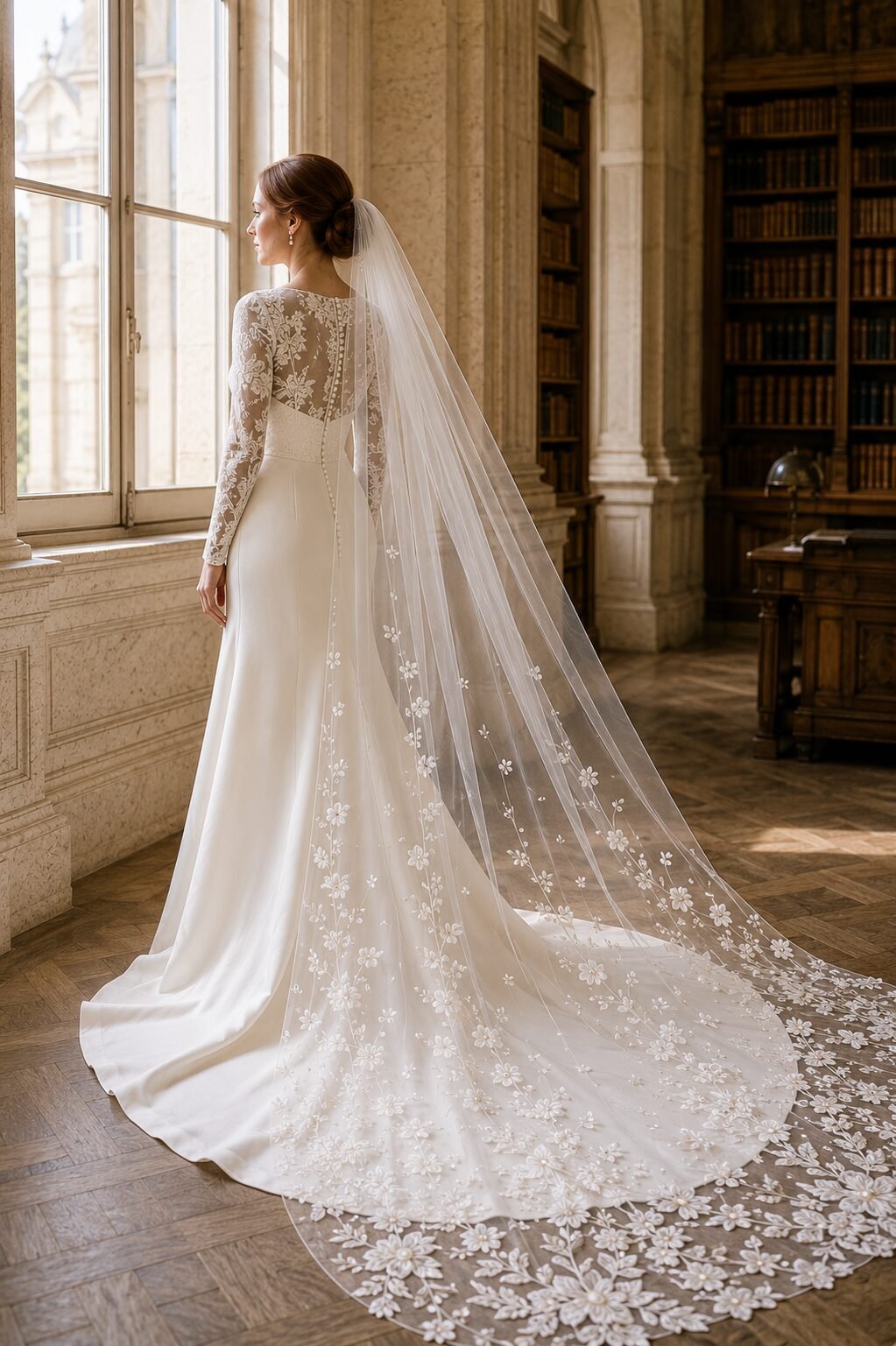 Bride wearing a transparent cathedral wedding veil with a long sleeve lace wedding dress