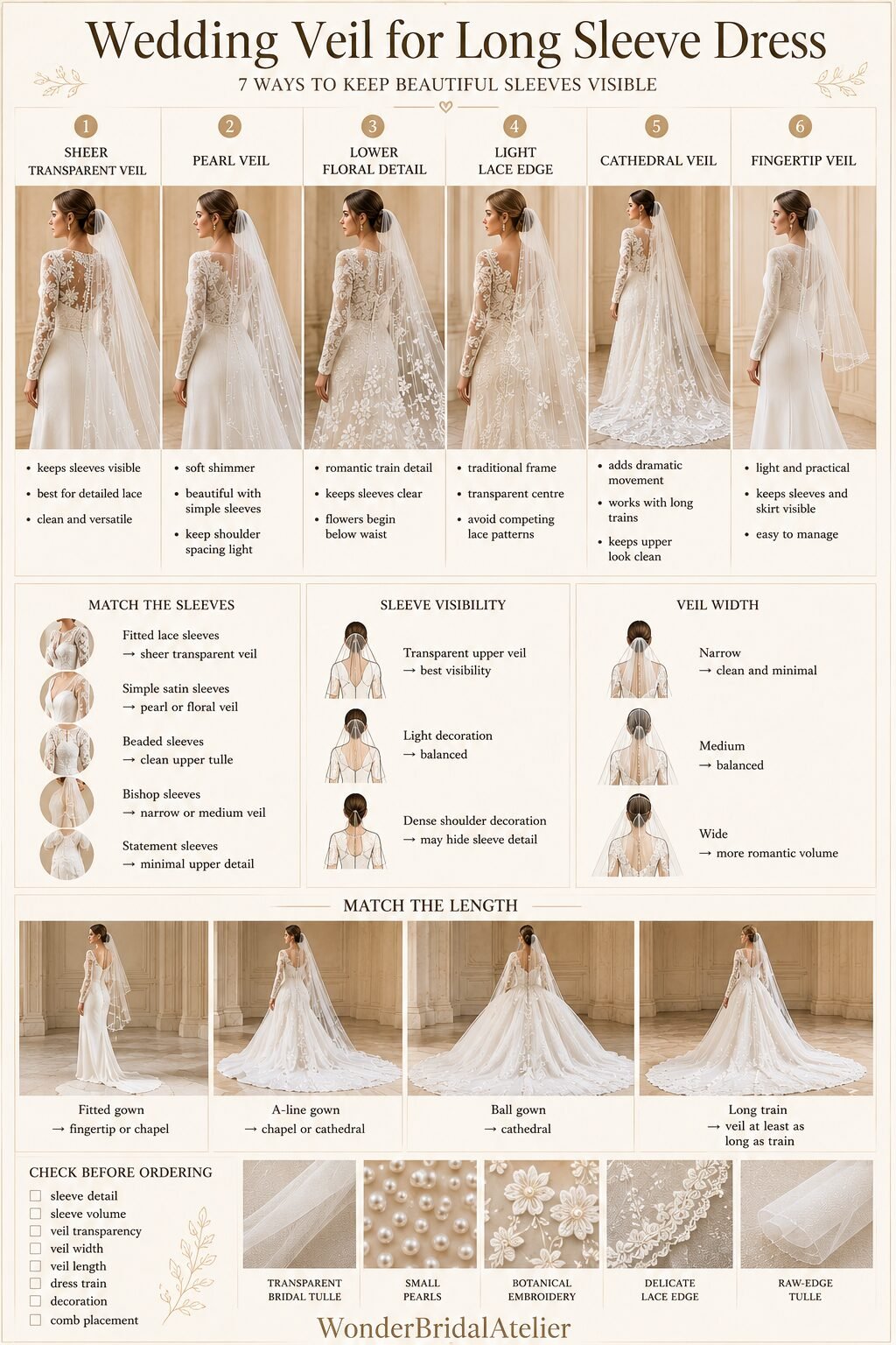 Wedding veil for long sleeve dress guide comparing sheer pearl floral lace cathedral and fingertip veil styles