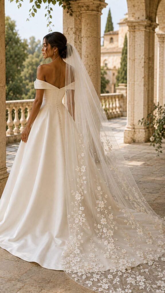 Wedding veil for off shoulder dress guide comparing sheer pearl floral lace cathedral and blusher veil styles