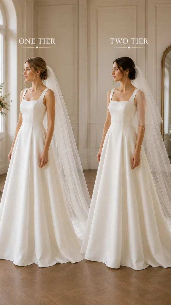 One tier and two tier wedding veils compared on brides in similar wedding dresses