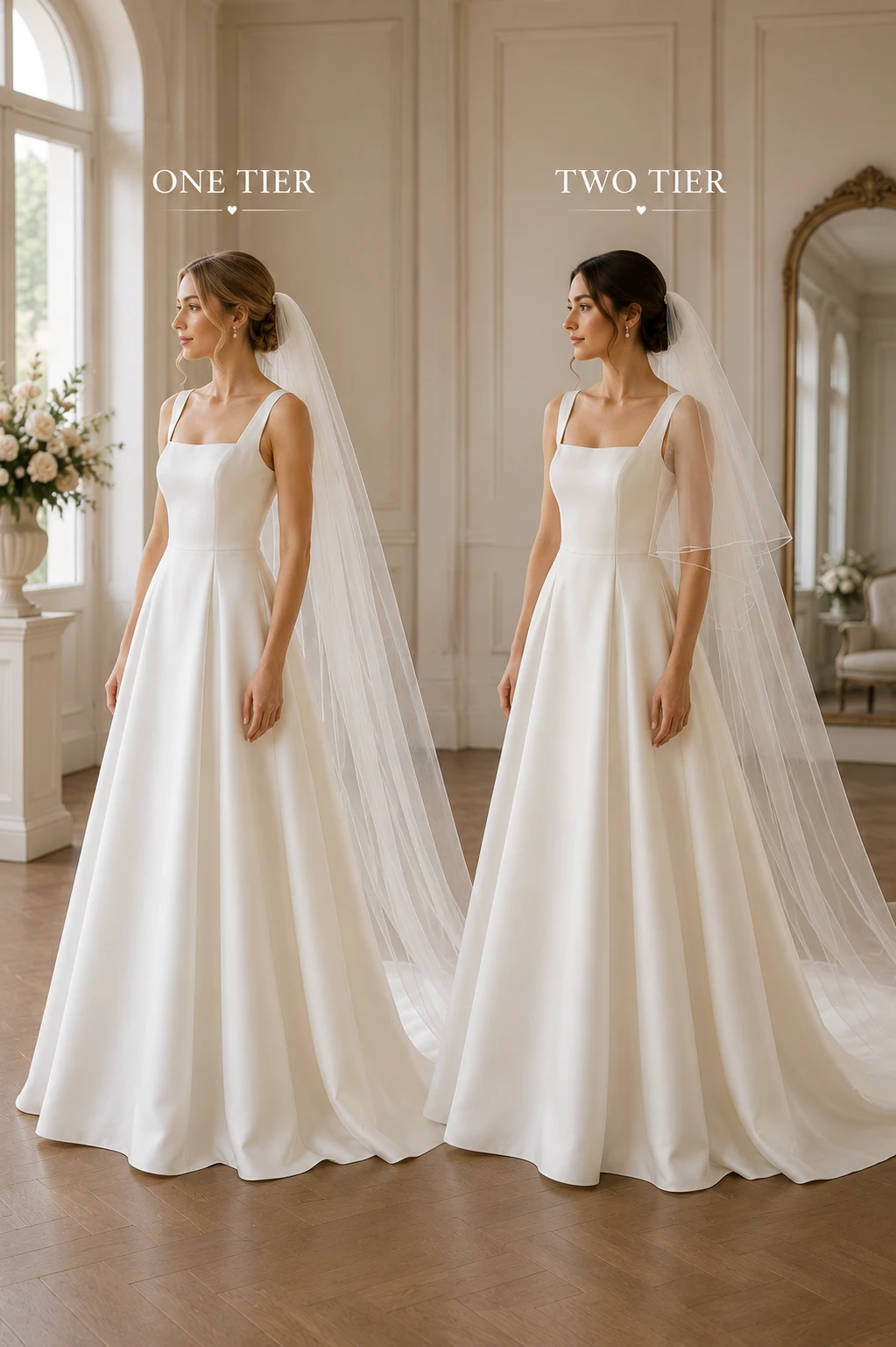One tier and two tier wedding veils compared on brides in similar wedding dresses