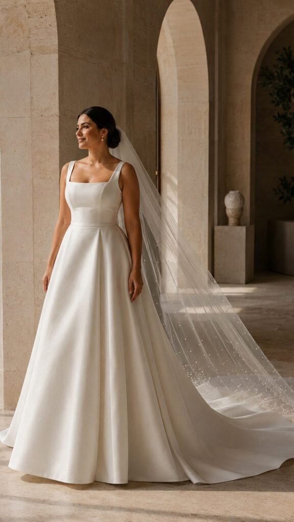 Bride wearing a pearl cathedral wedding veil with a square neckline ivory wedding dress