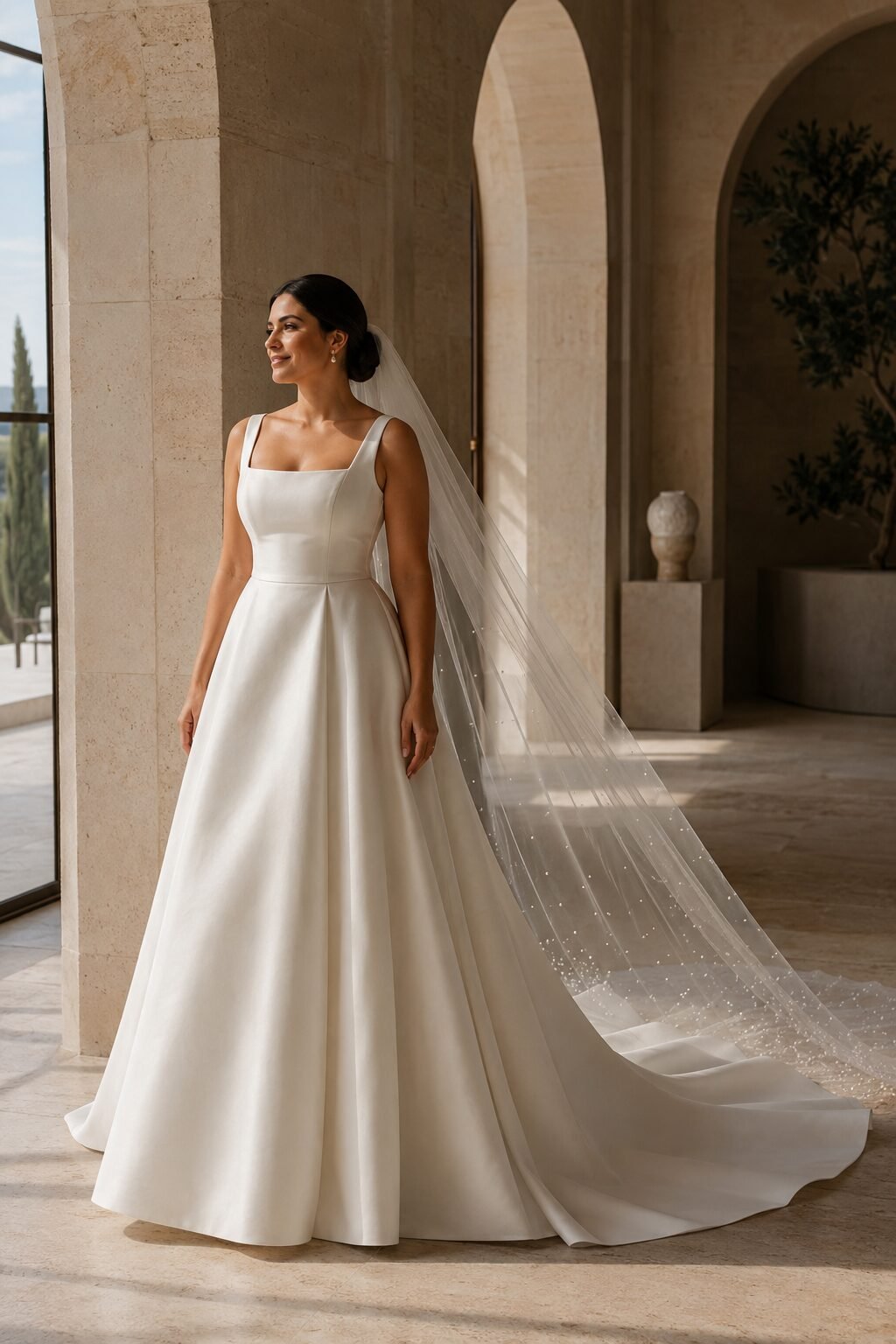 Bride wearing a pearl cathedral wedding veil with a square neckline ivory wedding dress