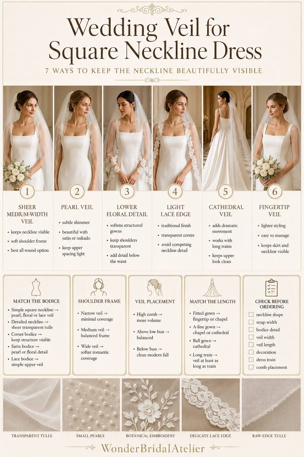 Wedding veil for square neckline dress guide comparing sheer pearl floral lace cathedral and fingertip veil styles