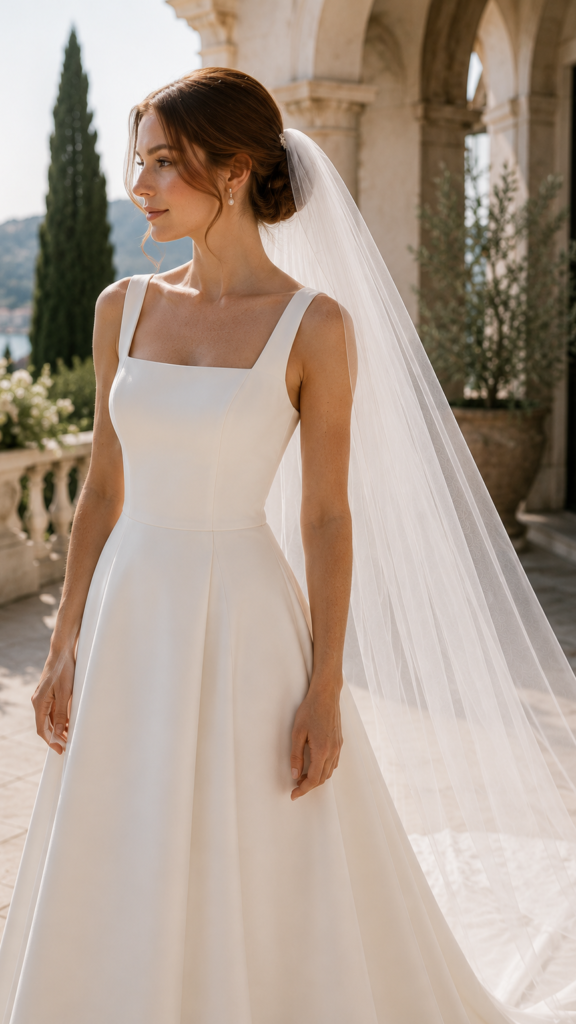 Bride wearing a sheer cathedral wedding veil with a square neck wedding dress