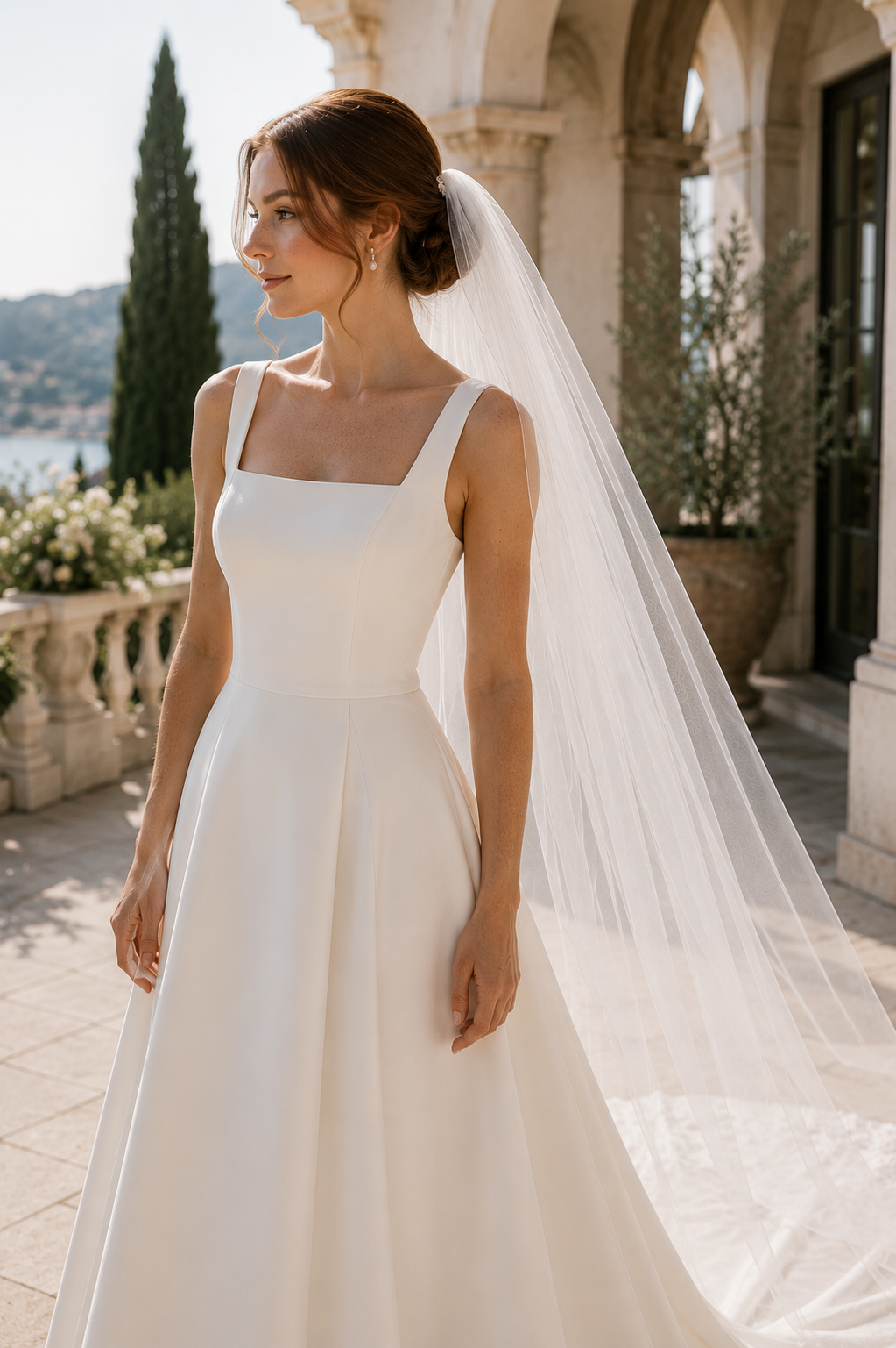 Bride wearing a sheer cathedral wedding veil with a square neck wedding dress