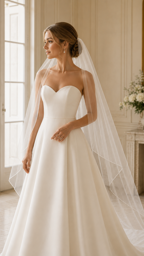 Bride wearing a sheer wedding veil with a strapless wedding dress