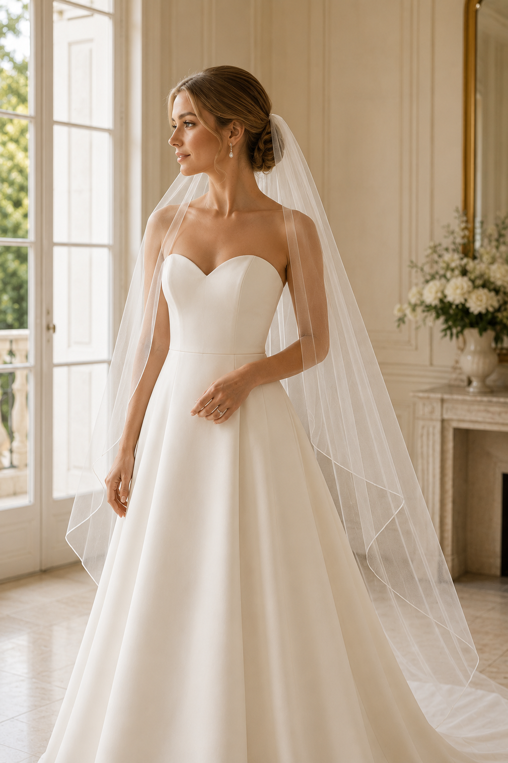 Bride wearing a sheer wedding veil with a strapless wedding dress