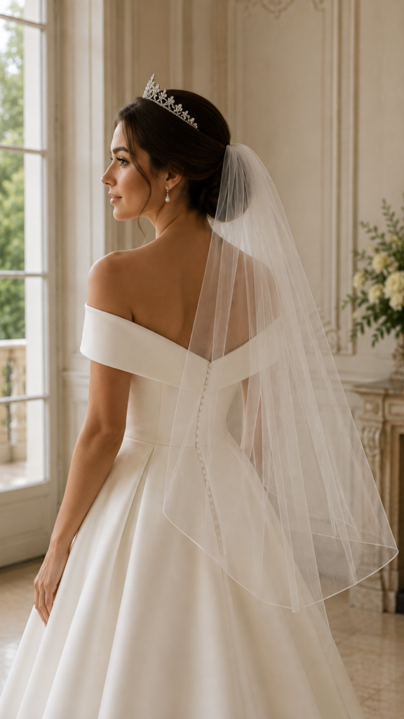 Bride wearing a wedding veil with a crystal tiara and elegant low bun