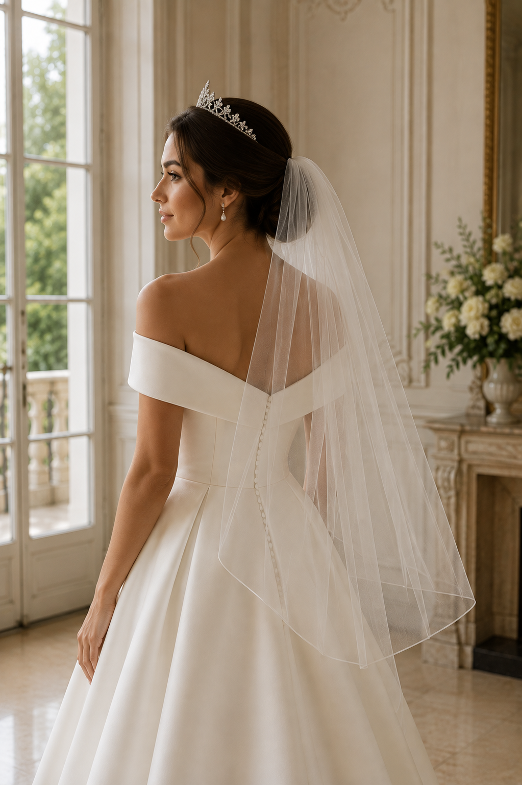 Bride wearing a wedding veil with a crystal tiara and elegant low bun
