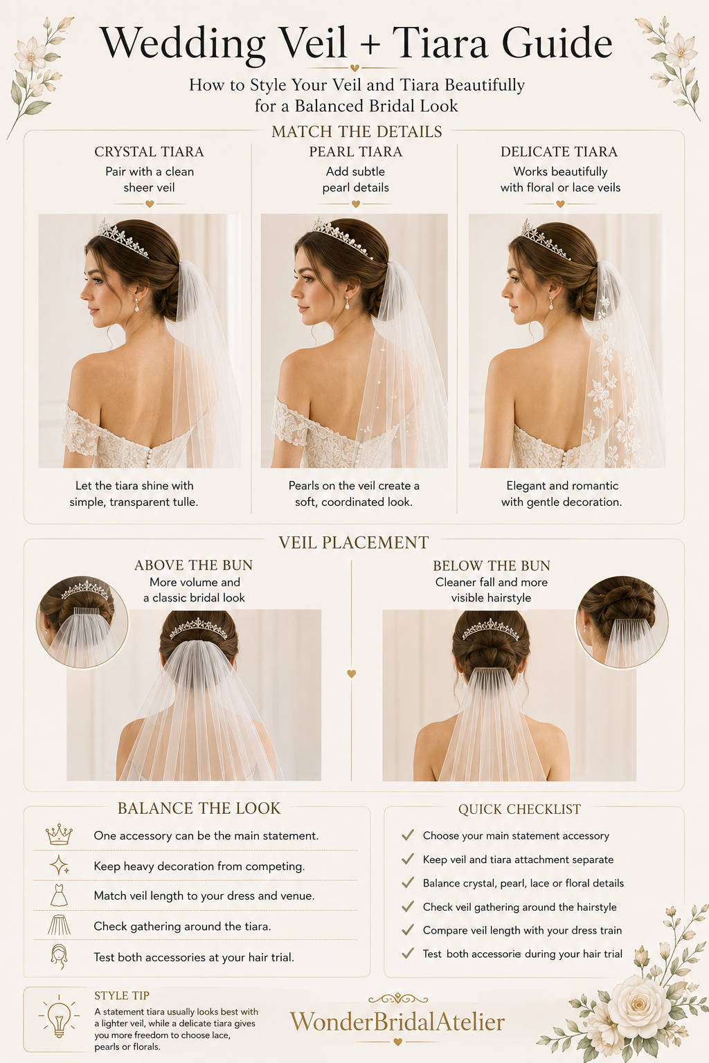 Wedding veil and tiara guide showing accessory matching and veil placement