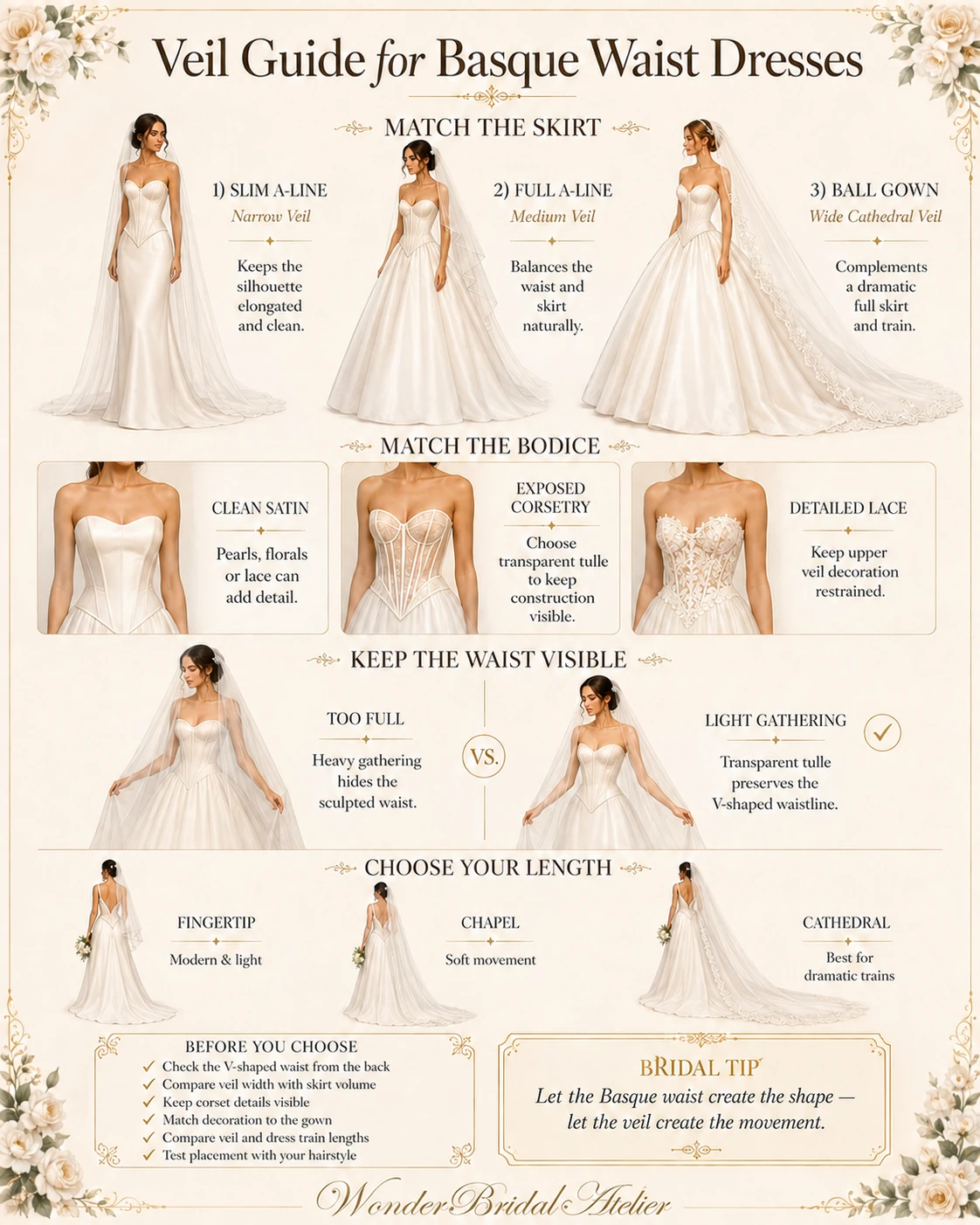 Veil guide for Basque waist wedding dresses comparing width, gathering and veil length