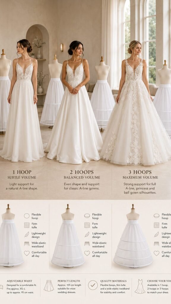 One two and three hoop wedding dress petticoats shown under different bridal gown silhouettes