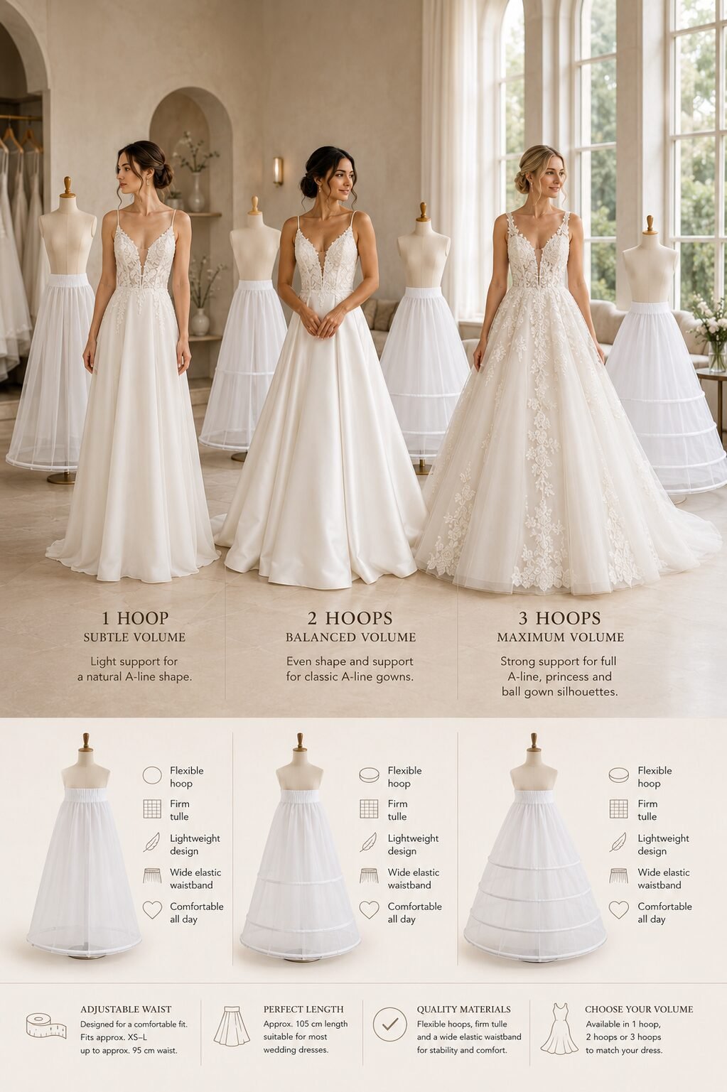One two and three hoop wedding dress petticoats shown under different bridal gown silhouettes