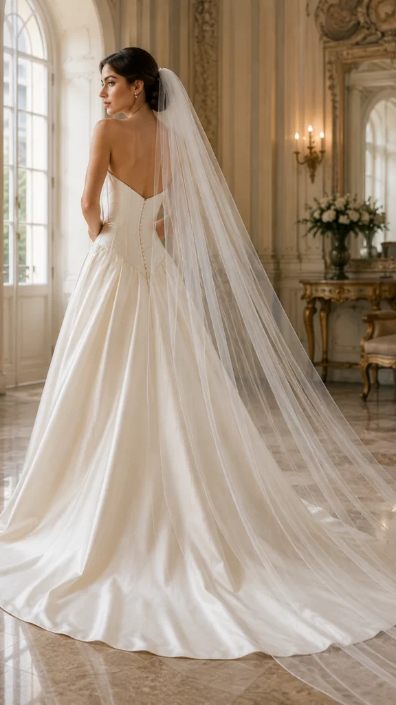 Bride wearing a sheer cathedral wedding veil with a Basque waist wedding dress