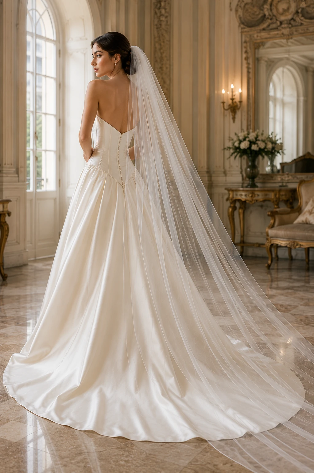 Bride wearing a sheer cathedral wedding veil with a Basque waist wedding dress