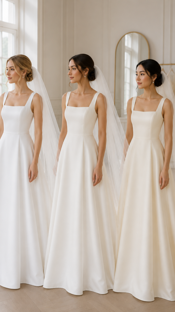 Brides comparing white, off-white and ivory wedding veil colors in natural daylight