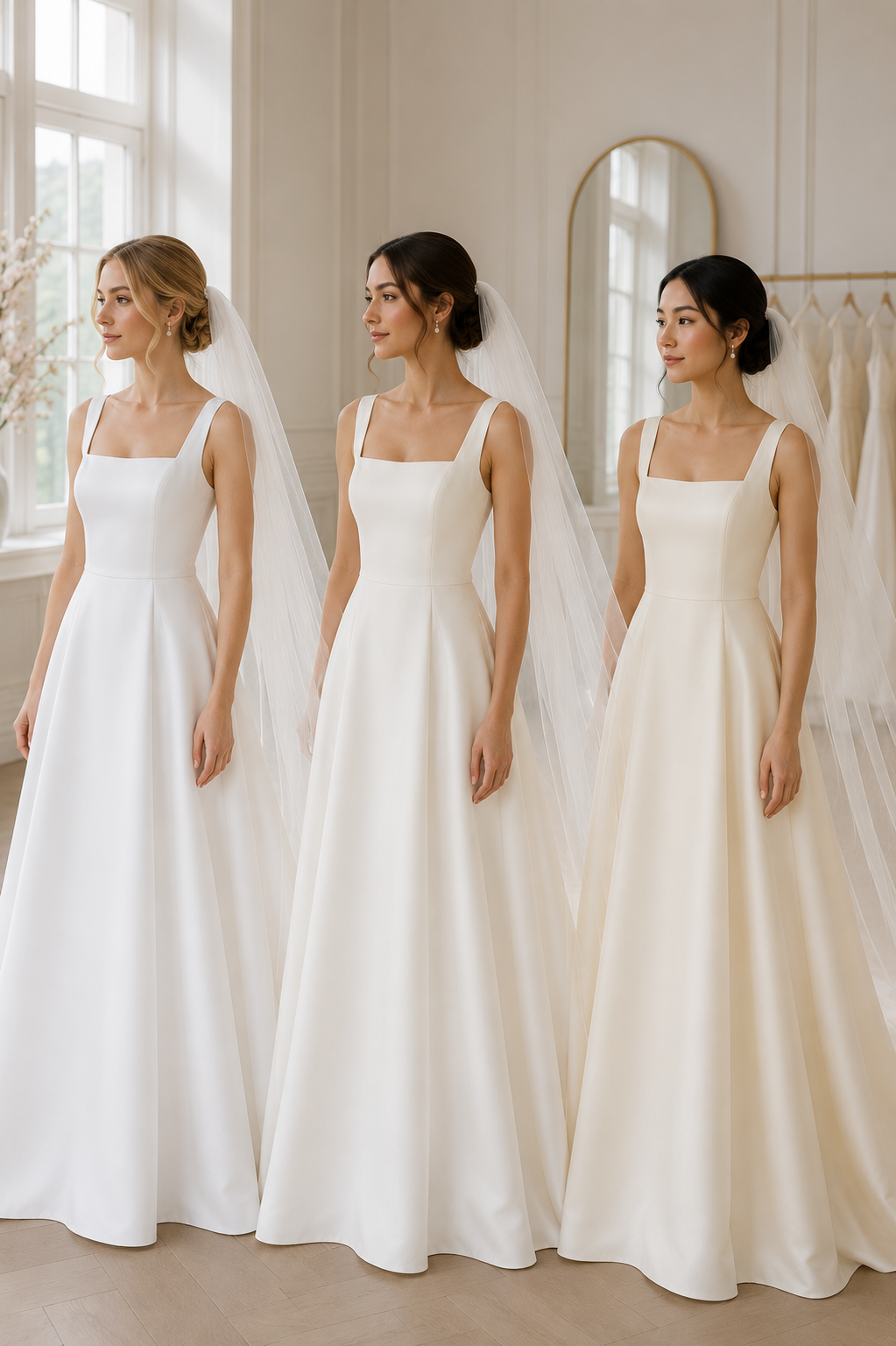 Brides comparing white, off-white and ivory wedding veil colors in natural daylight