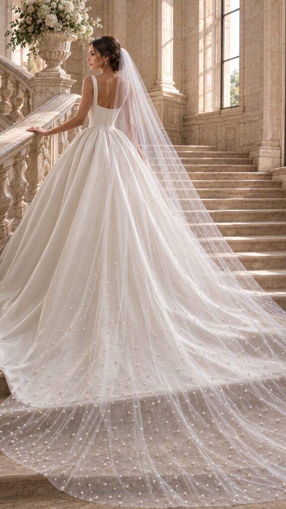 Bride wearing a wide pearl cathedral wedding veil with a light ivory mikado ball gown