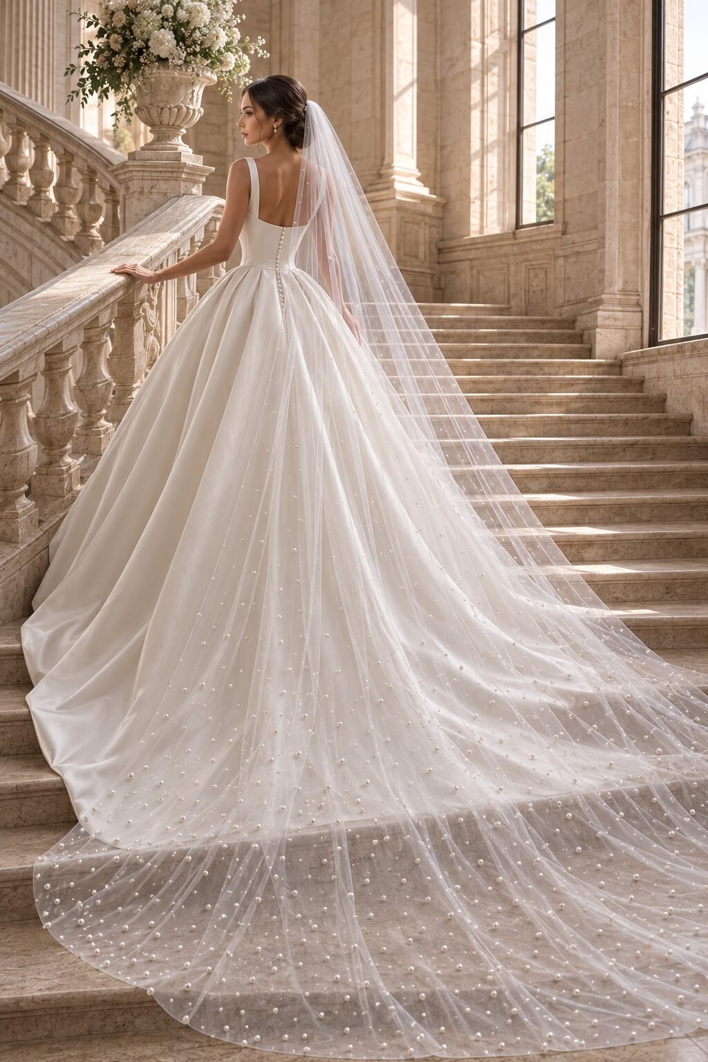 Bride wearing a wide pearl cathedral wedding veil with a light ivory mikado ball gown