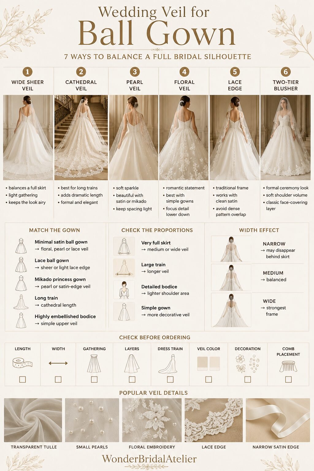 Wedding veil for ball gown guide comparing wide sheer cathedral pearl floral lace and blusher veil styles