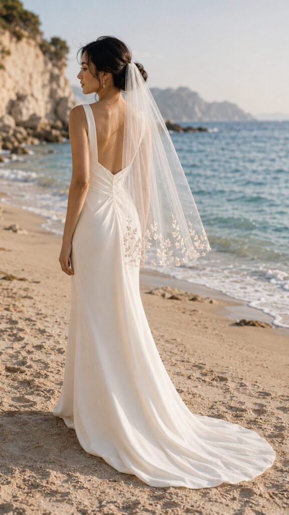 Bride wearing a lightweight fingertip wedding veil for a beach wedding