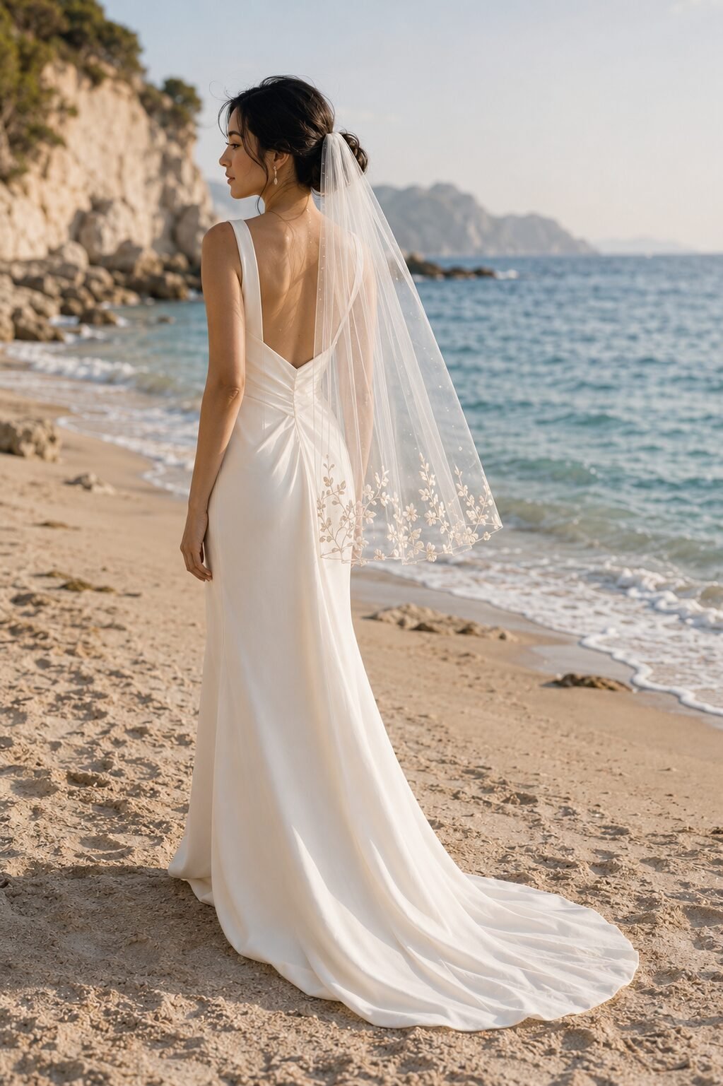 Bride wearing a lightweight fingertip wedding veil for a beach wedding