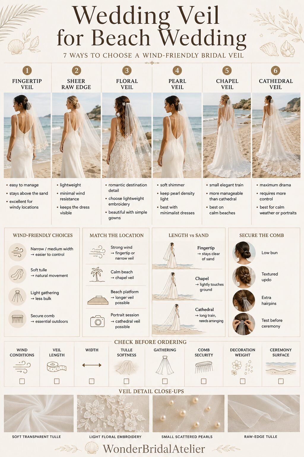 Wedding veil for beach wedding guide comparing fingertip sheer floral pearl chapel and cathedral veil styles