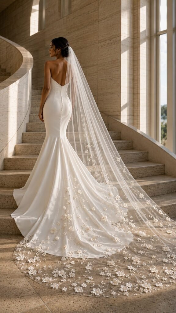 Bride wearing a floral cathedral wedding veil with a fitted ivory mermaid wedding dress