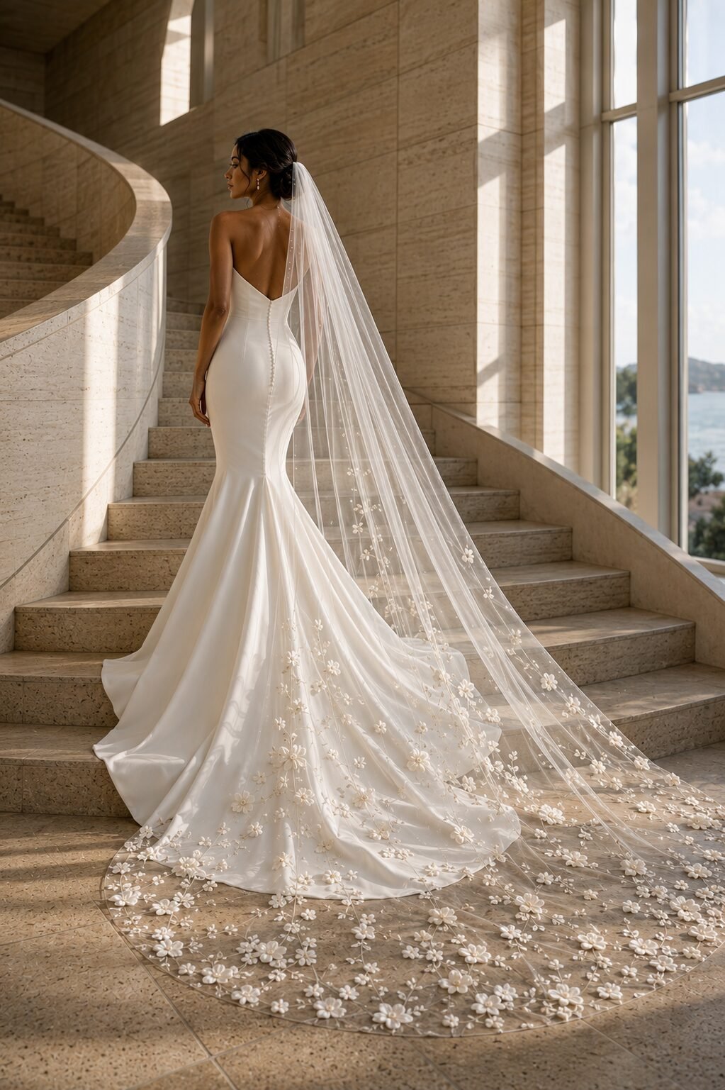 Bride wearing a floral cathedral wedding veil with a fitted ivory mermaid wedding dress