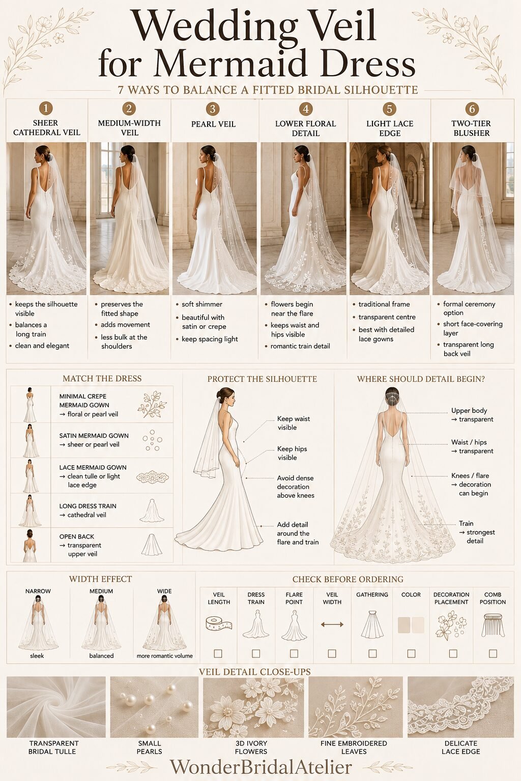 Wedding veil for mermaid dress guide comparing cathedral pearl floral lace and two-tier veil styles