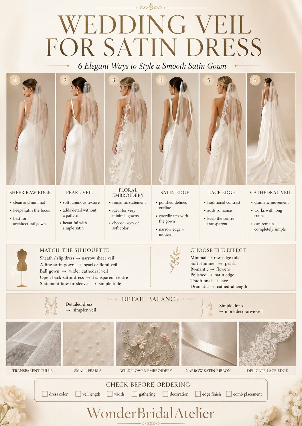 Wedding veil for satin dress guide comparing sheer pearl floral satin-edge lace and cathedral veil styles