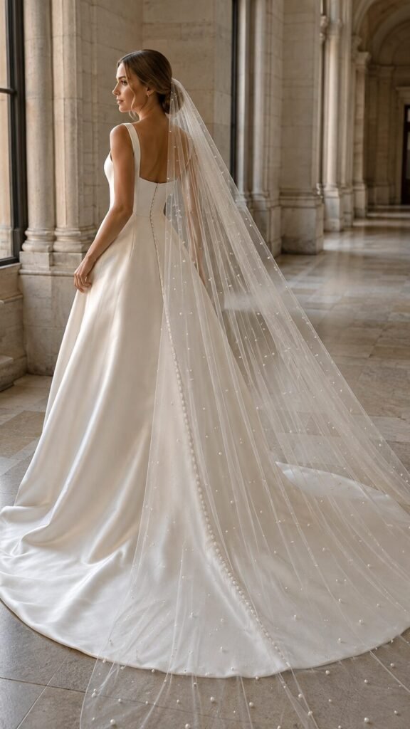 Bride wearing a pearl cathedral wedding veil with a minimalist ivory satin wedding dress