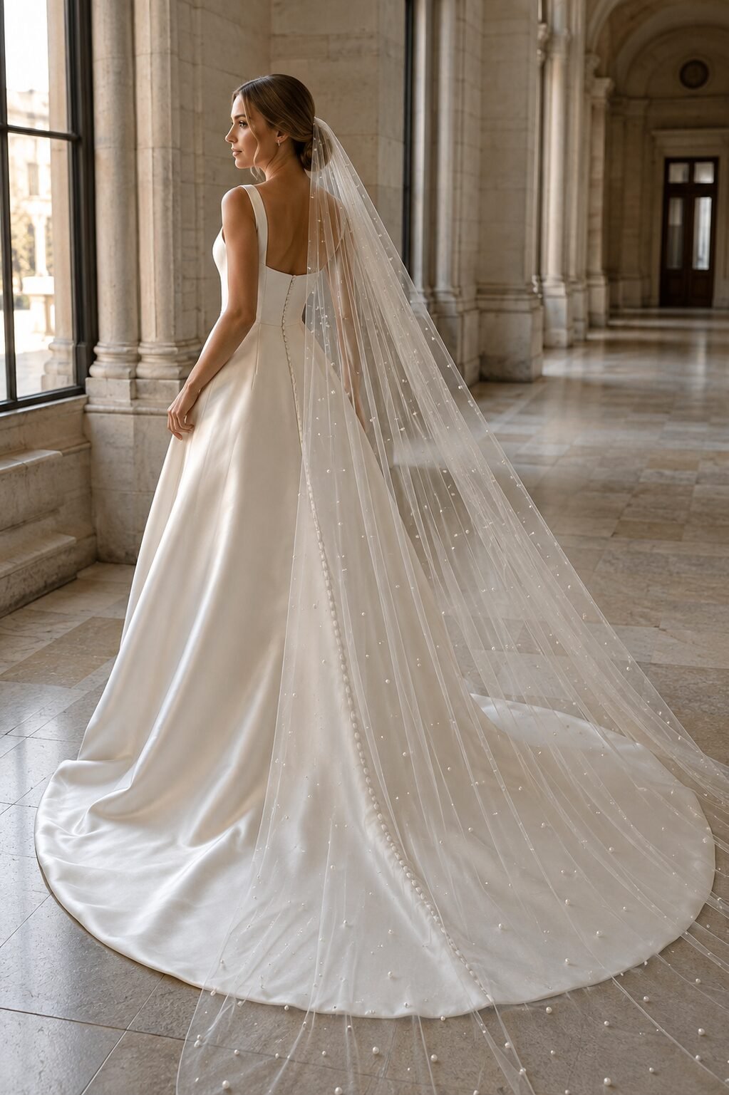 Bride wearing a pearl cathedral wedding veil with a minimalist ivory satin wedding dress