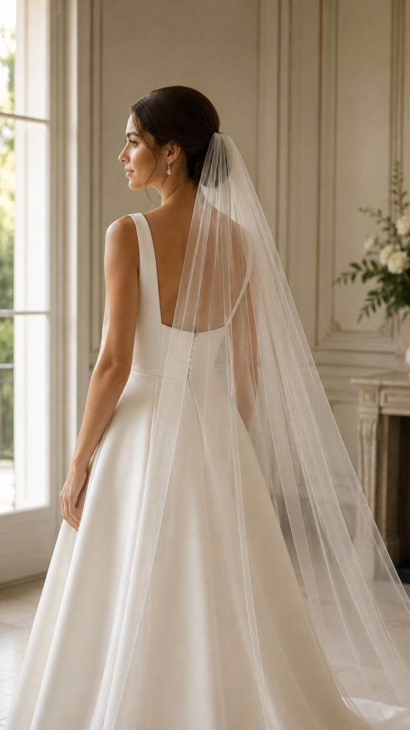 Bride wearing a medium width wedding veil with a minimalist A-line wedding dress